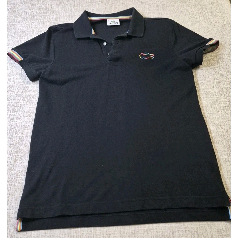 Lacoste Rainbow Trim Polo Shirt Black Mens Size 4 Medium Croc - Picture 2 of 12